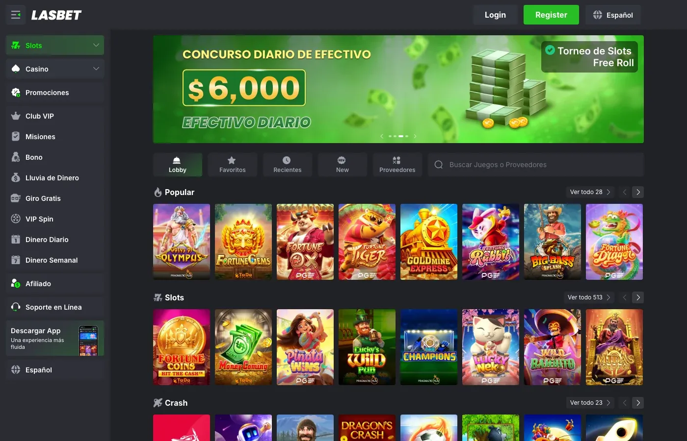 Lobby de 513 tragamonedas de Lasbet México