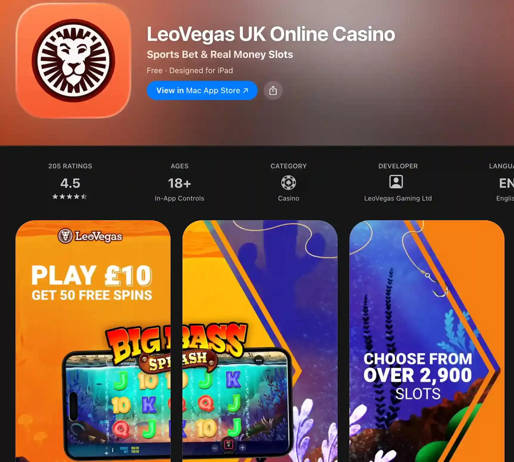 LeoVegas UK Online Casino App Store listing with a 4.5 rating and promotional screenshots
