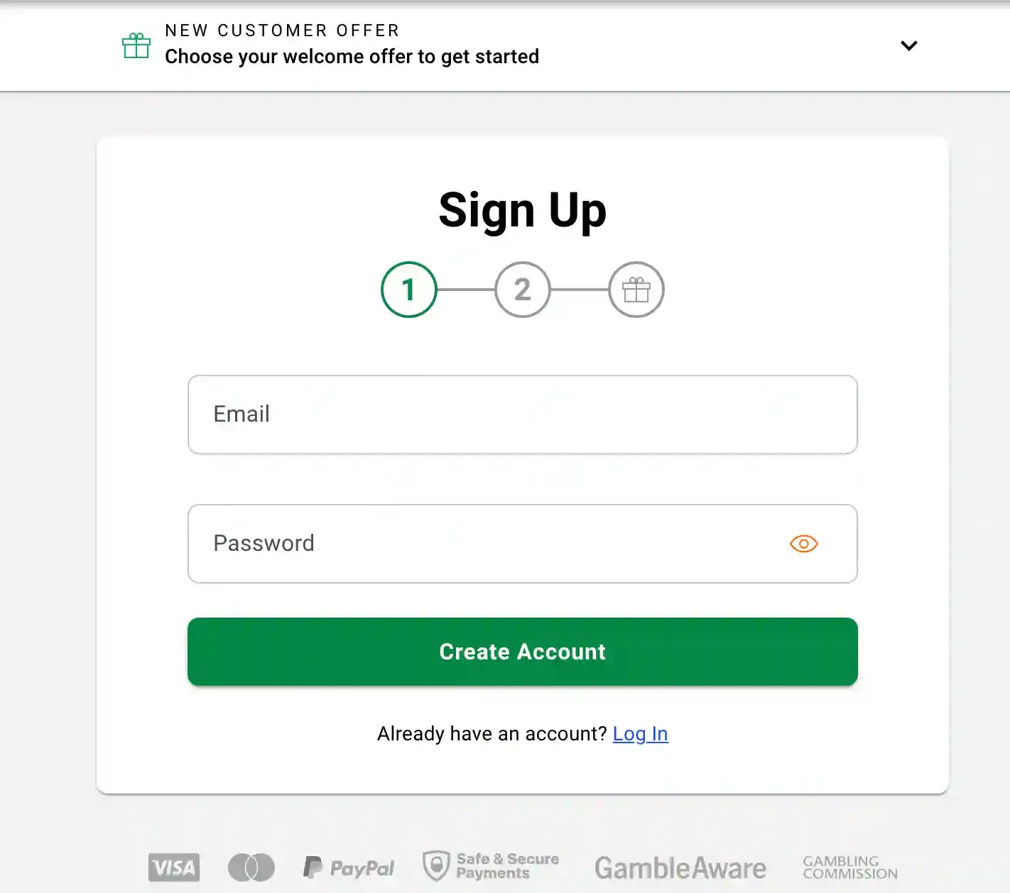Sign-up form with email and password fields and a Create Account button