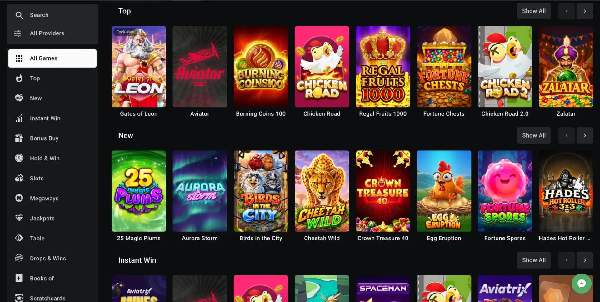 Leon casino lobby with slots and instant-win games