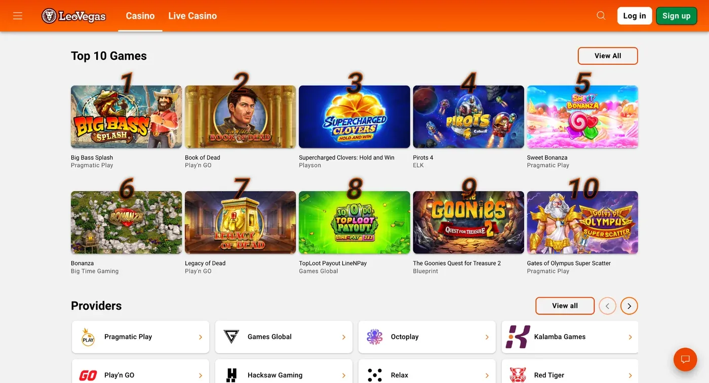 LeoVegas Ireland casino lobby with game categories and provider filters