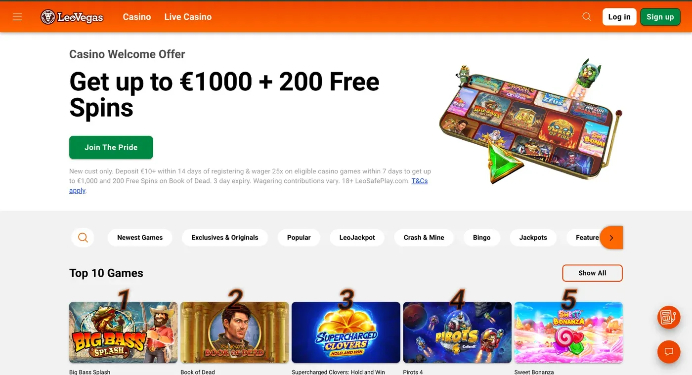 LeoVegas Ireland casino homepage showing the €1,000 and 200 free spins offer