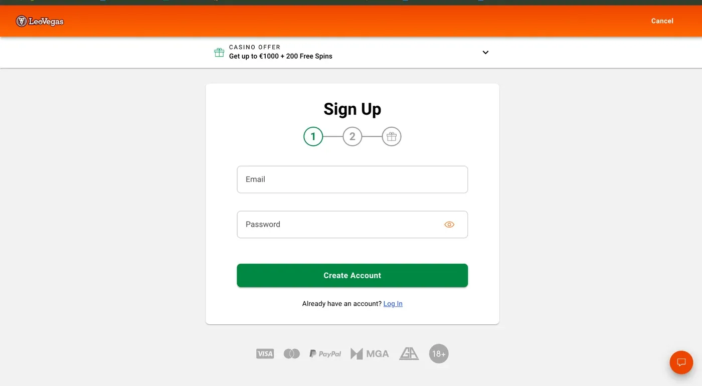 LeoVegas Ireland registration form for a new casino account
