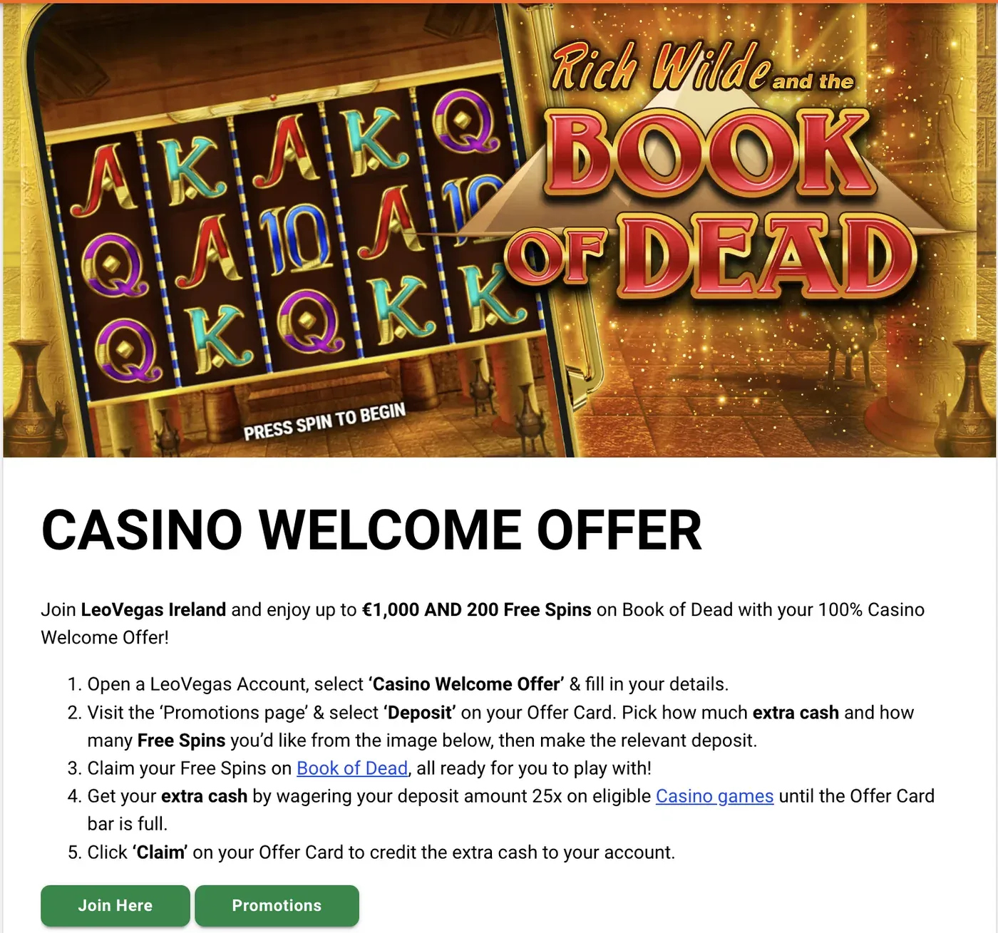 LeoVegas Ireland welcome-offer page showing the €1,000 and 200 free-spins headline