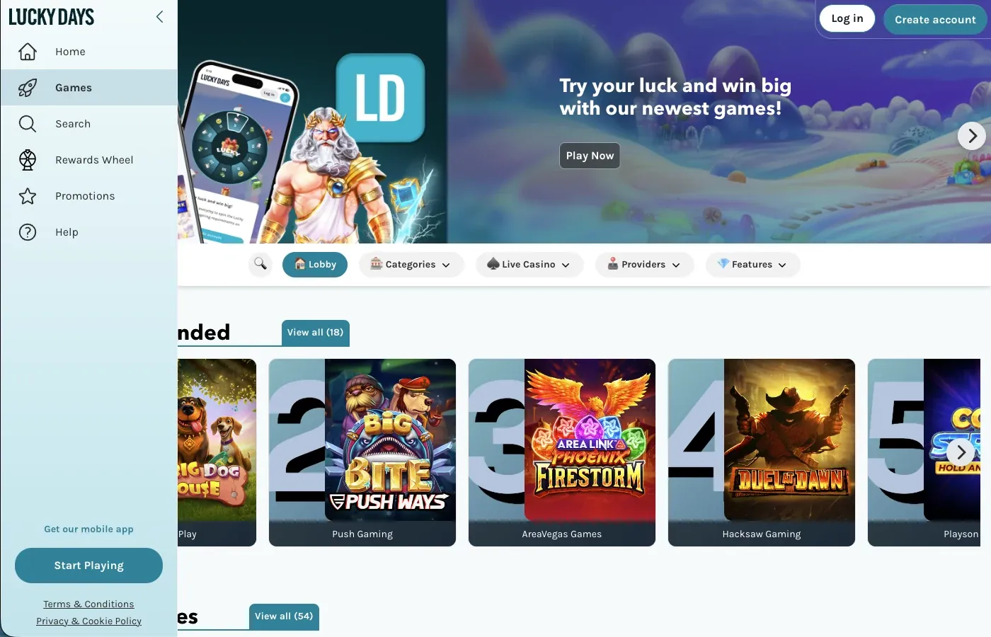 Lucky Days casino lobby showing branded navigation, game categories and loaded titles