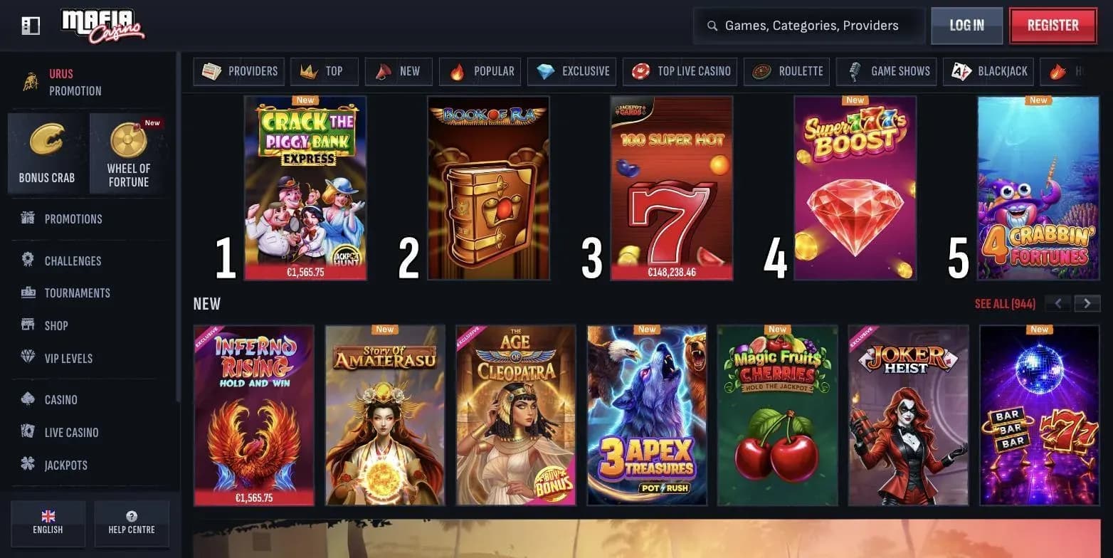 Mafia Casino lobby showing casino categories, live games and jackpot navigation