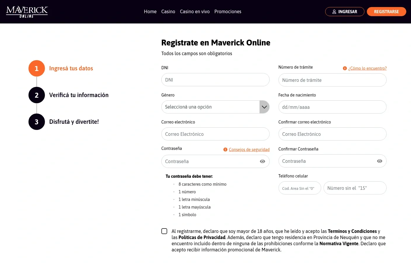 Formulario de registro de Maverick Online con DNI y datos personales