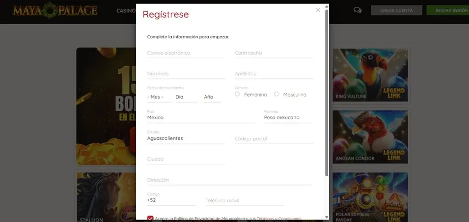 Formulario de registro de Mayapalace Casino México.