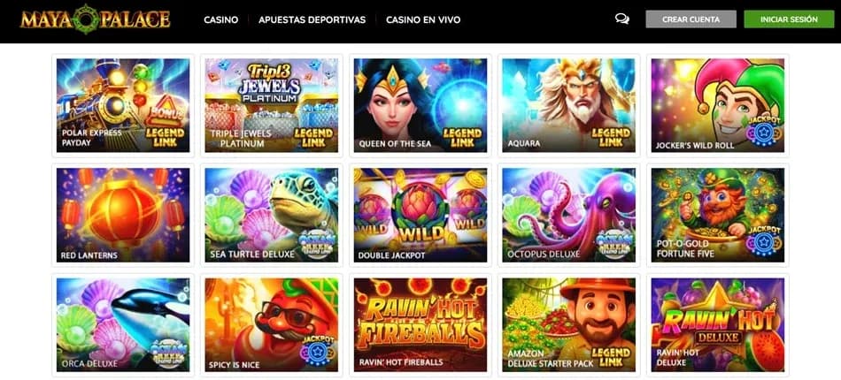 Catálogo de tragamonedas de Mayapalace Casino México.