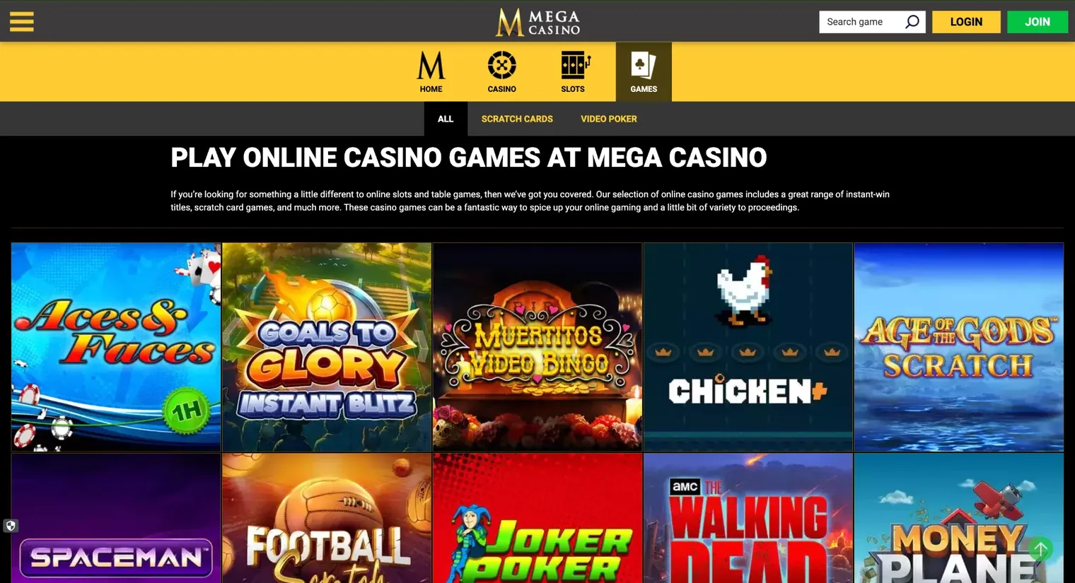 Mega Casino Ireland games lobby showing scratch cards, video poker and instant games
