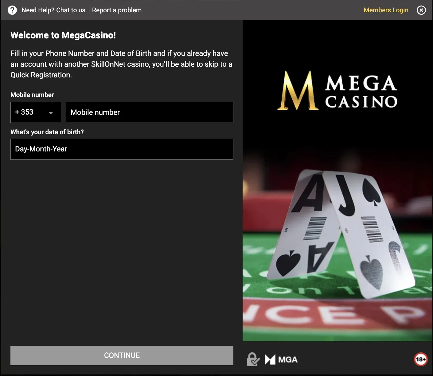 Mega Casino Ireland registration screen with Irish phone code and date-of-birth fields