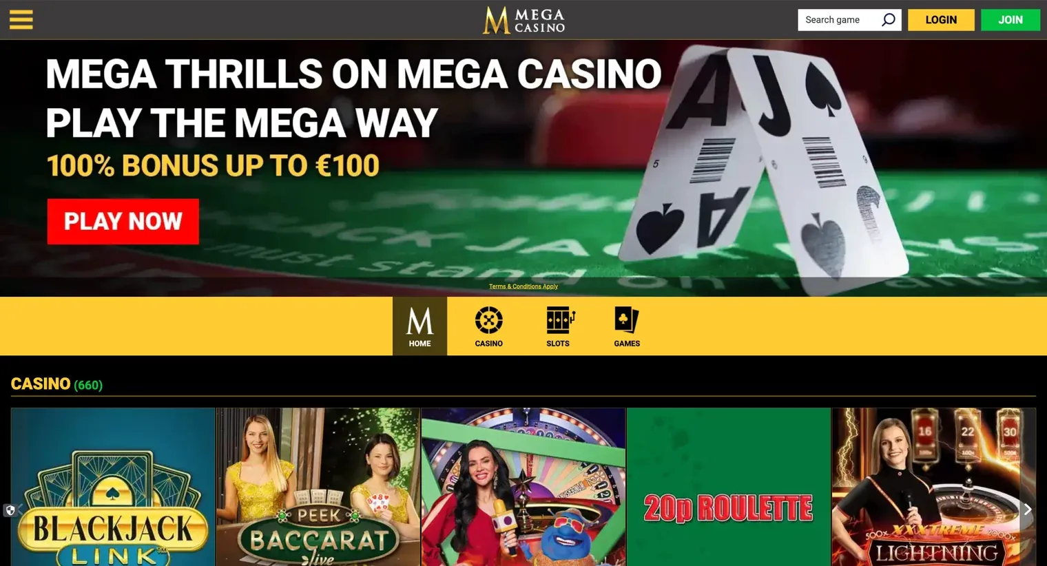 Mega Casino Ireland homepage showing the 100% bonus up to €100 and live casino games