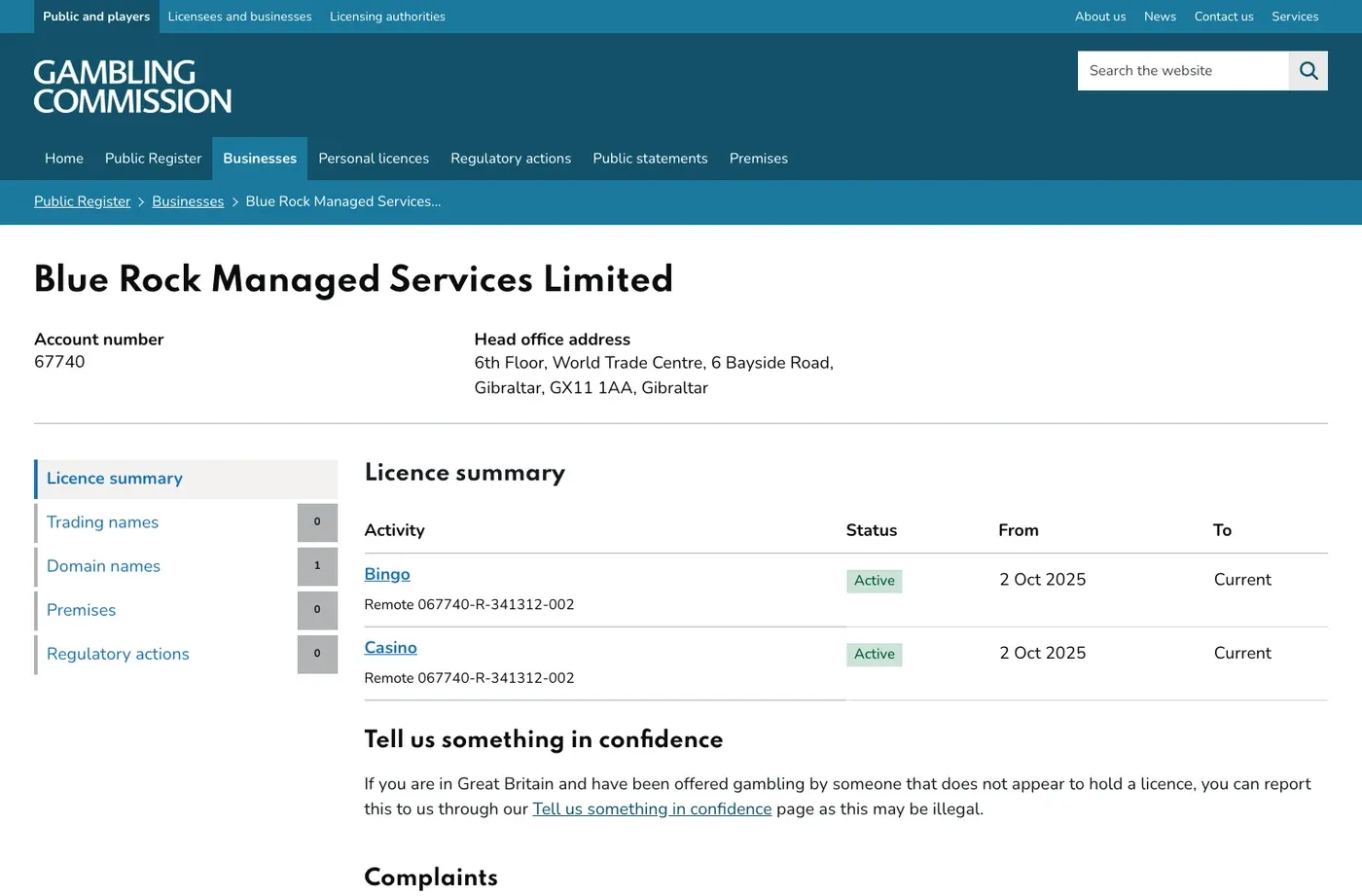 UK Gambling Commission register showing Blue Rock Managed Services Limited account 67740