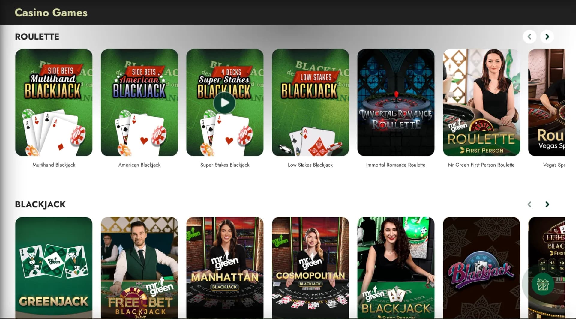 Mr Green casino games showing roulette and blackjack tables