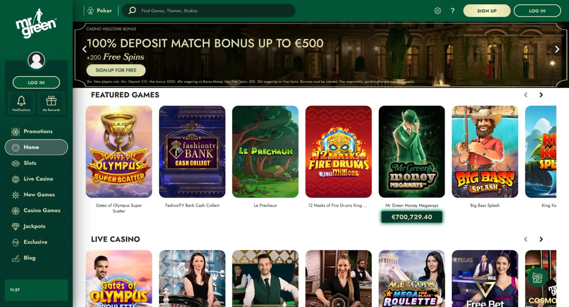Mr Green casino lobby and featured games in Ireland