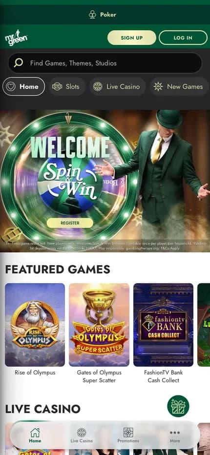 Mr Green mobile preview
