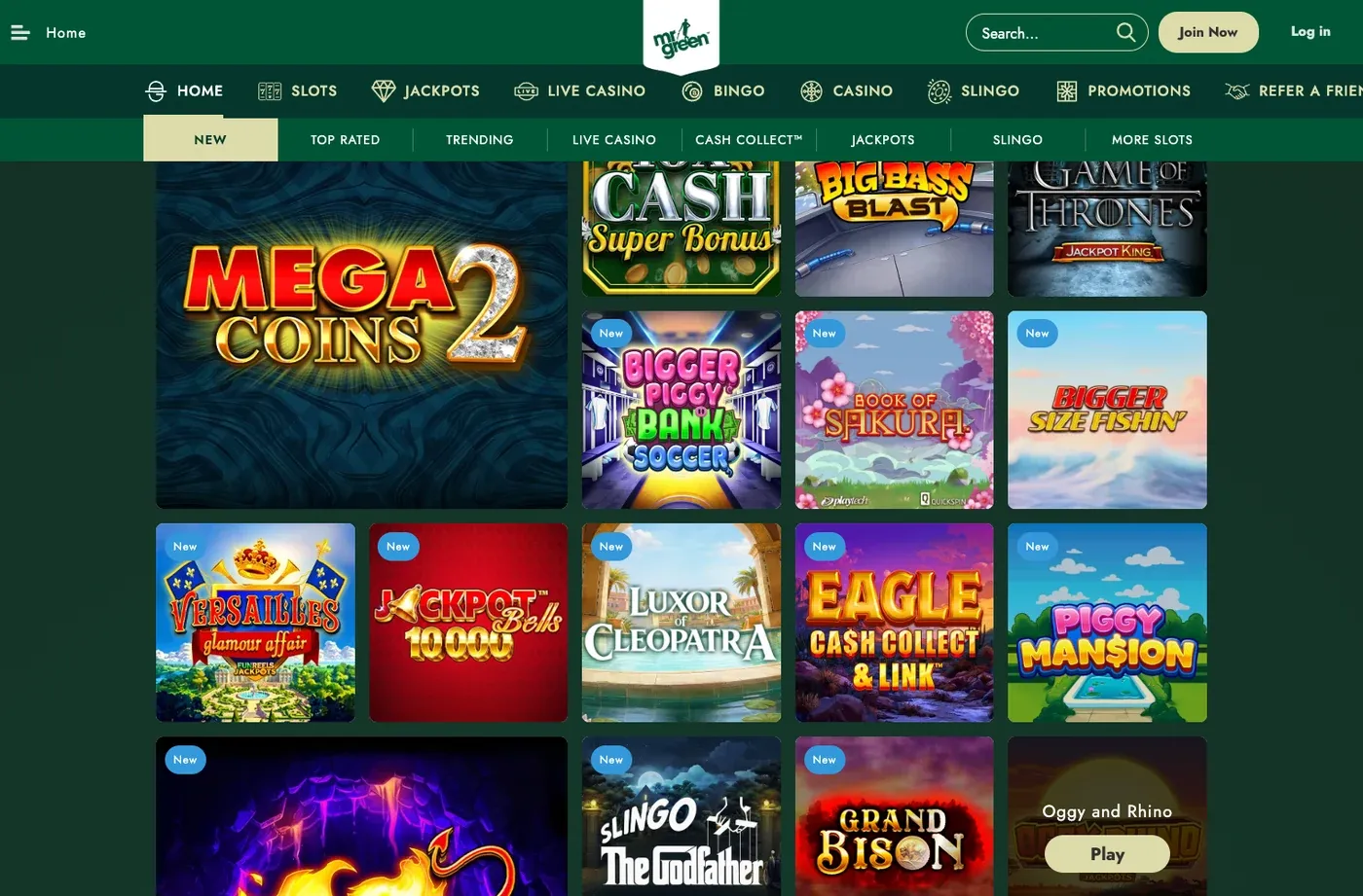 Current Mr Green UK casino lobby showing product categories and loaded games