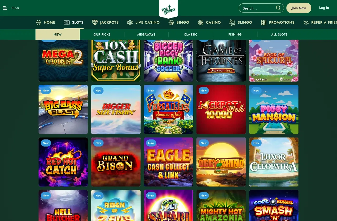 Mr Green UK slots lobby showing game categories and loaded titles