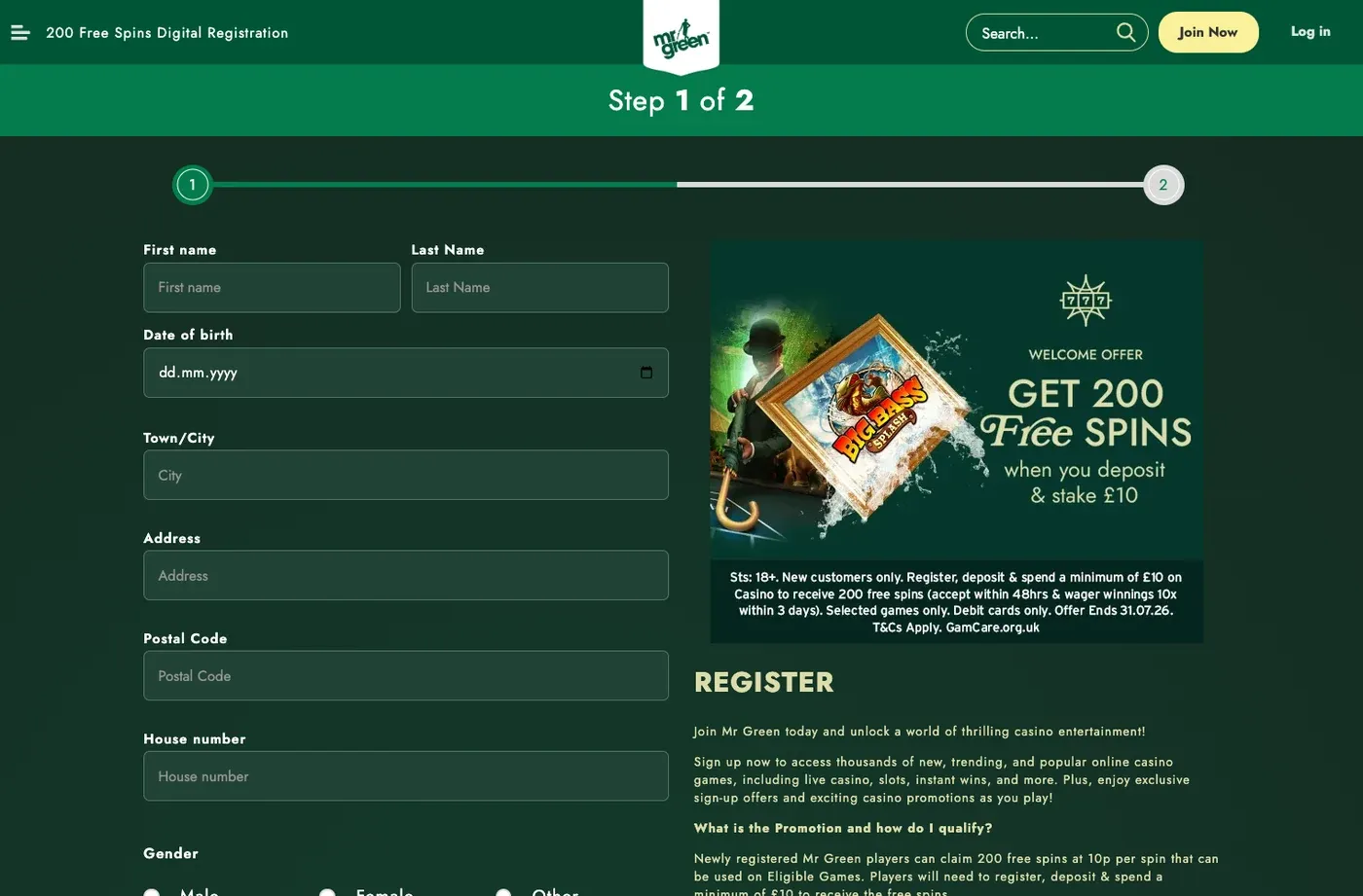 Blank Mr Green UK registration form advertising 200 free spins