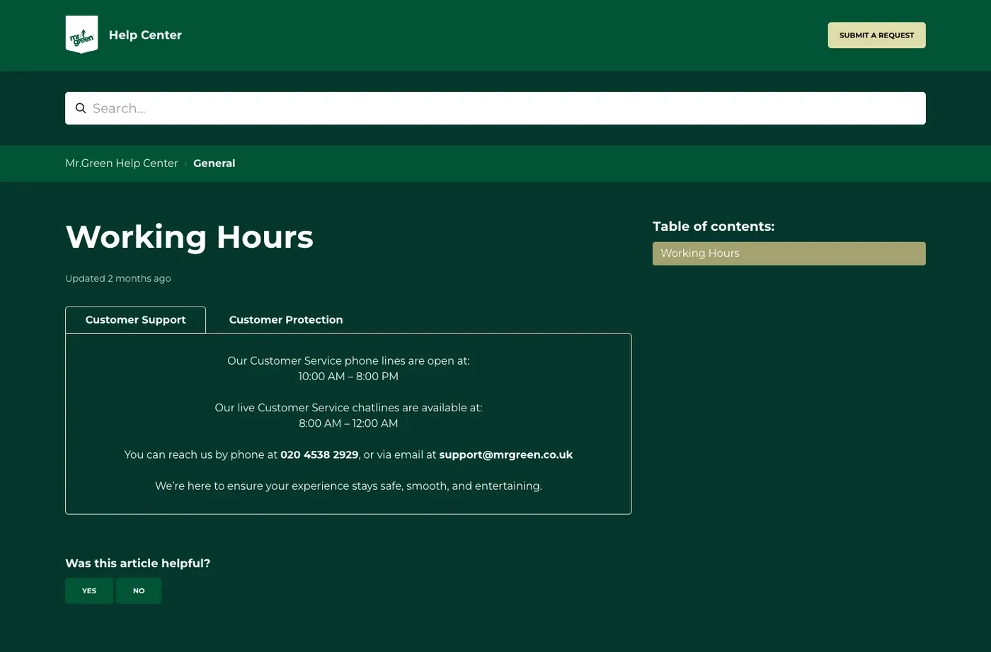 Mr Green UK customer support hours, phone number and email address