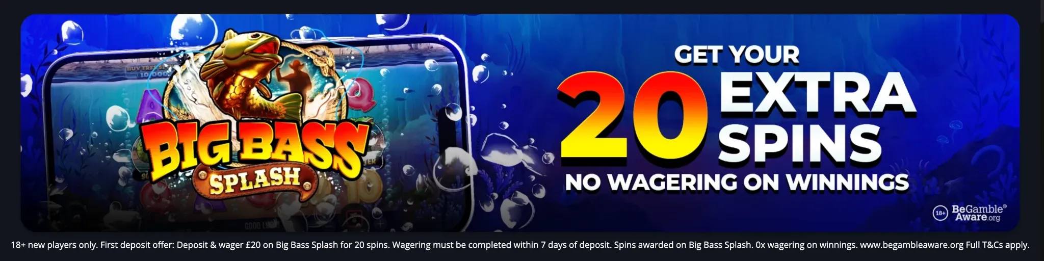 Mr Luck offer of 20 spins on Big Bass Splash with no wagering on winnings