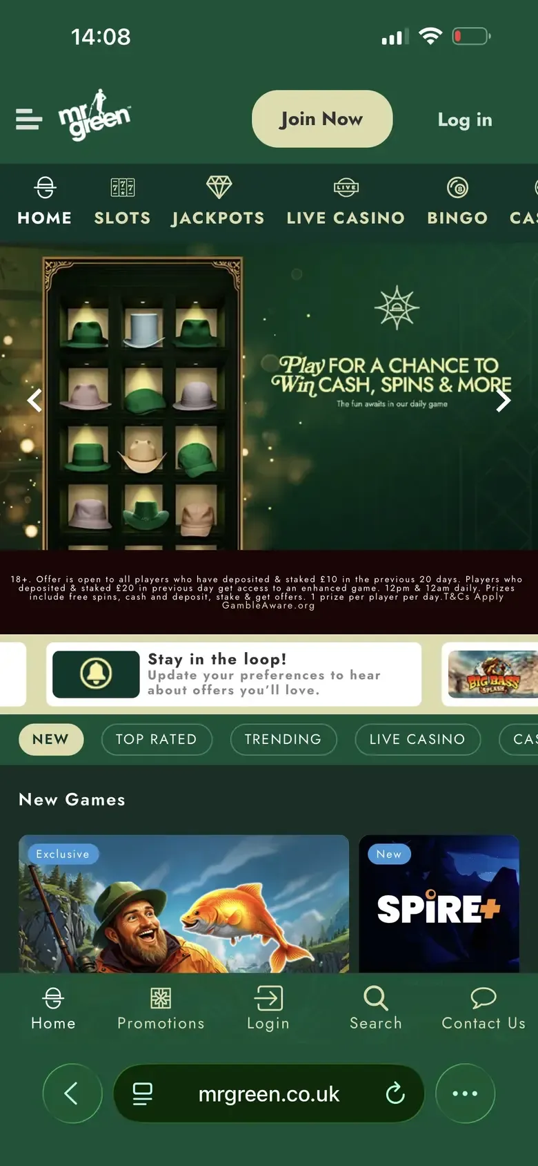 Mr Green mobile preview