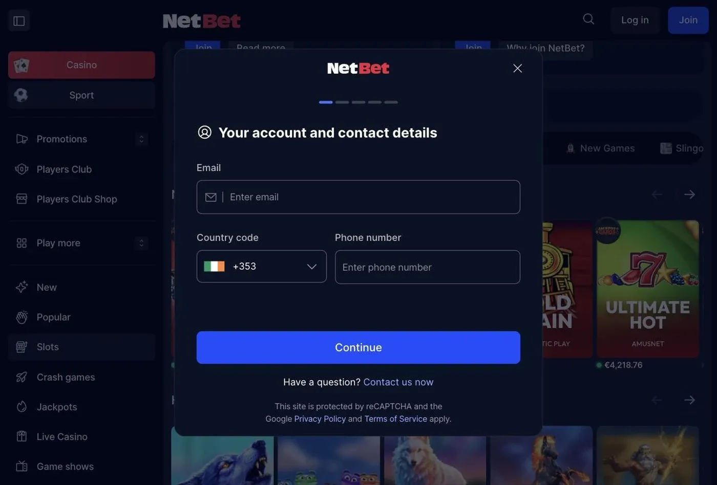 Blank NetBet Ireland registration form with email and Irish phone fields
