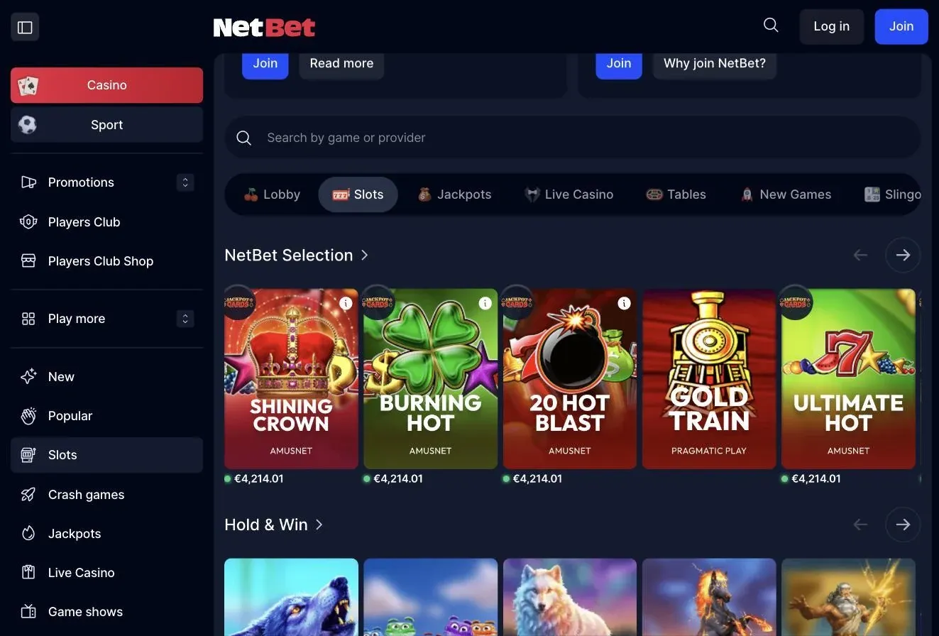 NetBet Ireland slots lobby showing game categories and multiple providers