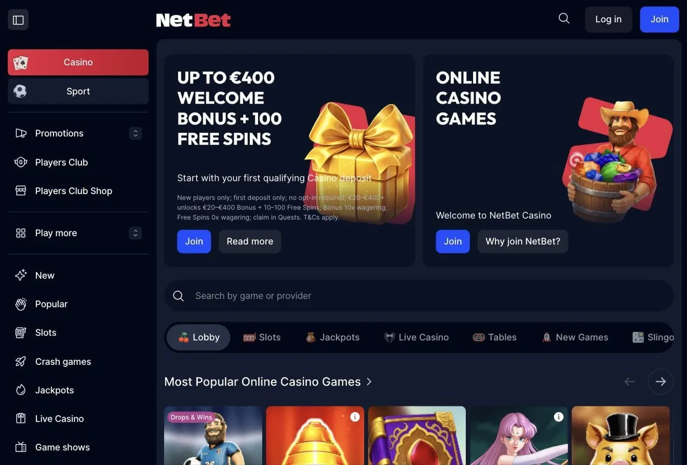 NetBet Ireland casino lobby showing the current welcome offer