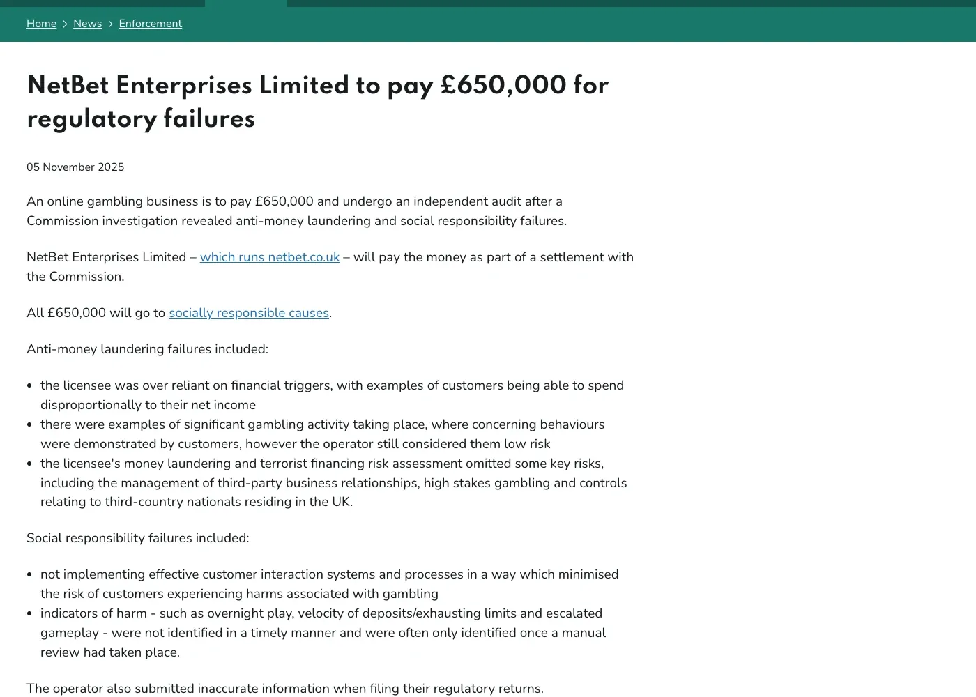 UK Gambling Commission notice of NetBet Enterprises Limited regulatory settlement