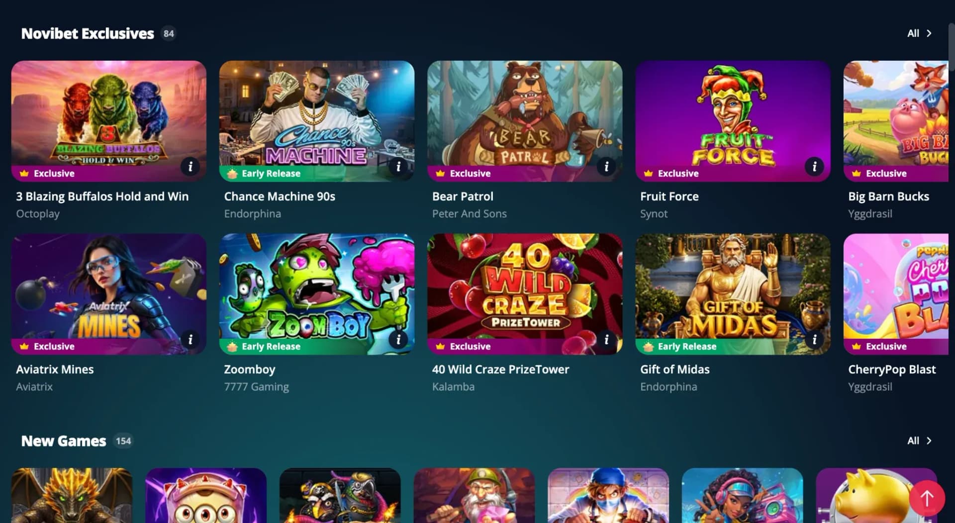 Novibet Ireland casino lobby showing exclusive and newly released games