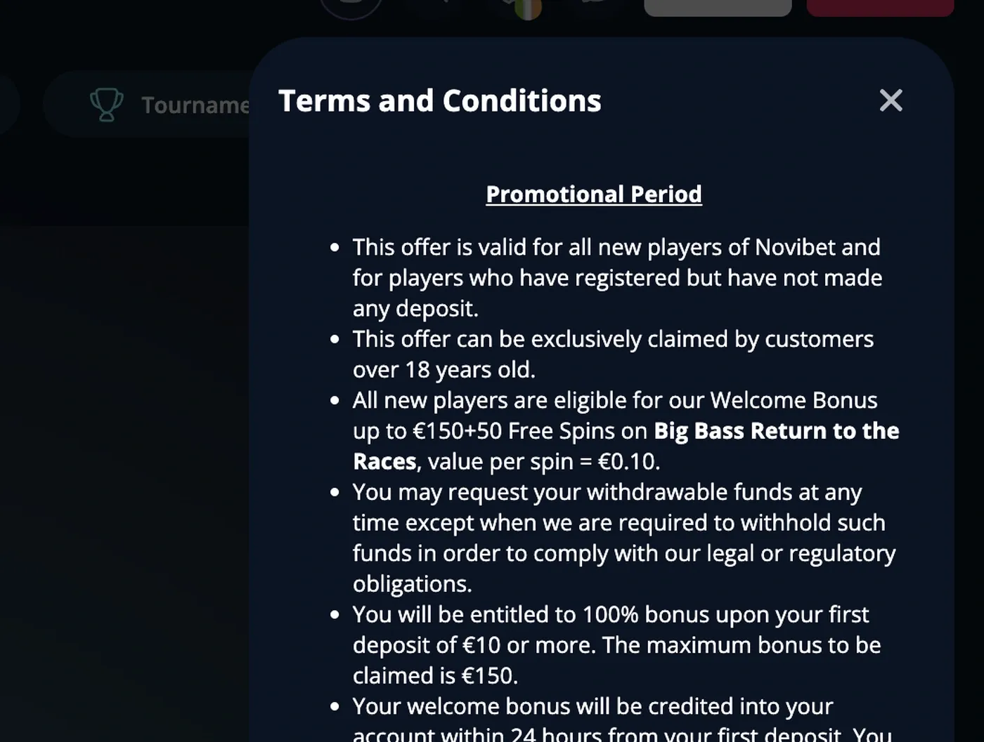 Novibet Ireland welcome bonus terms showing the €150 match, 50 spins and €10 minimum deposit