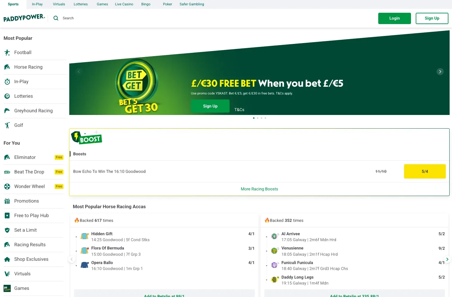 Paddy Power UK sportsbook showing racing boosts and accumulator markets