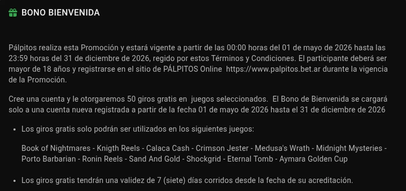 Condiciones del bono de 50 giros gratis de Pálpitos