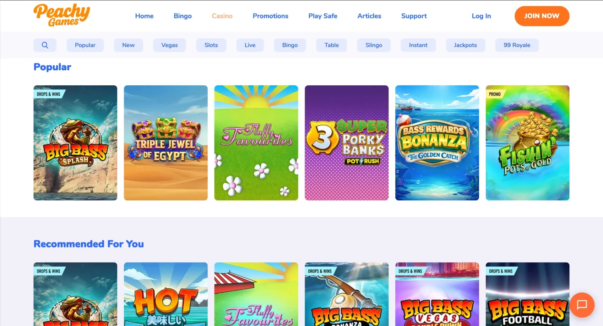 Peachy Games lobby showing popular slots including Big Bass Splash and Fluffy Favourites
