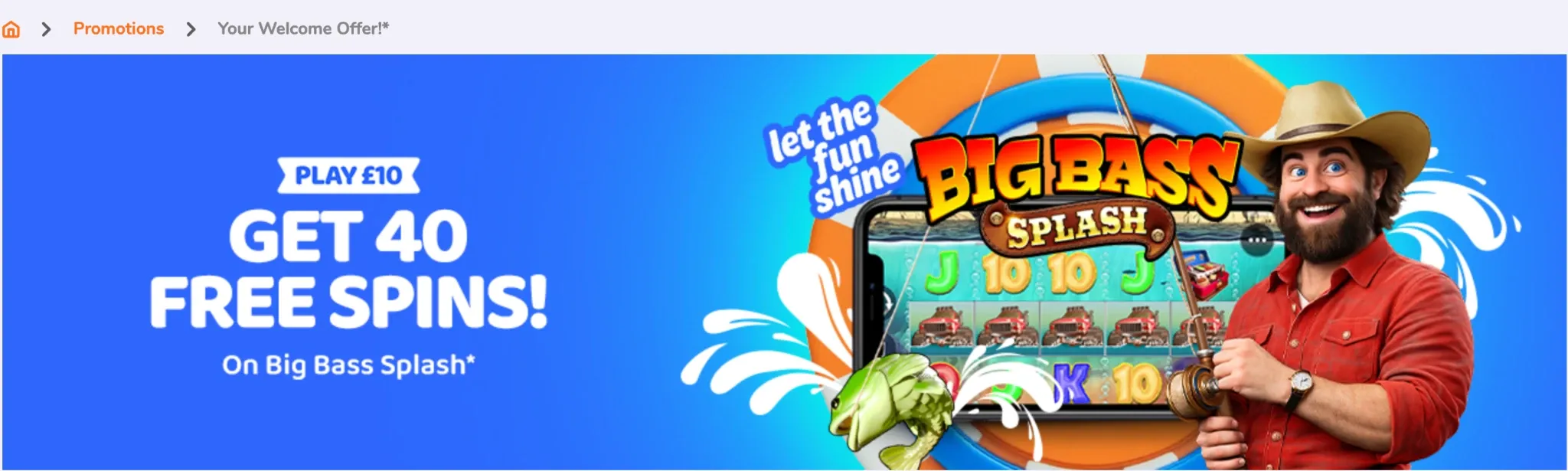 Peachy Games welcome offer for 40 Big Bass Splash spins after a £10 deposit and £10 stake