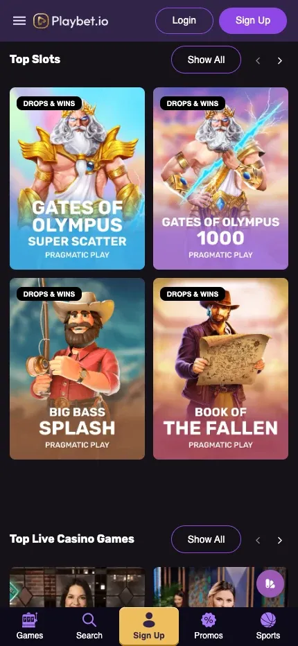 Playbet.io mobile preview