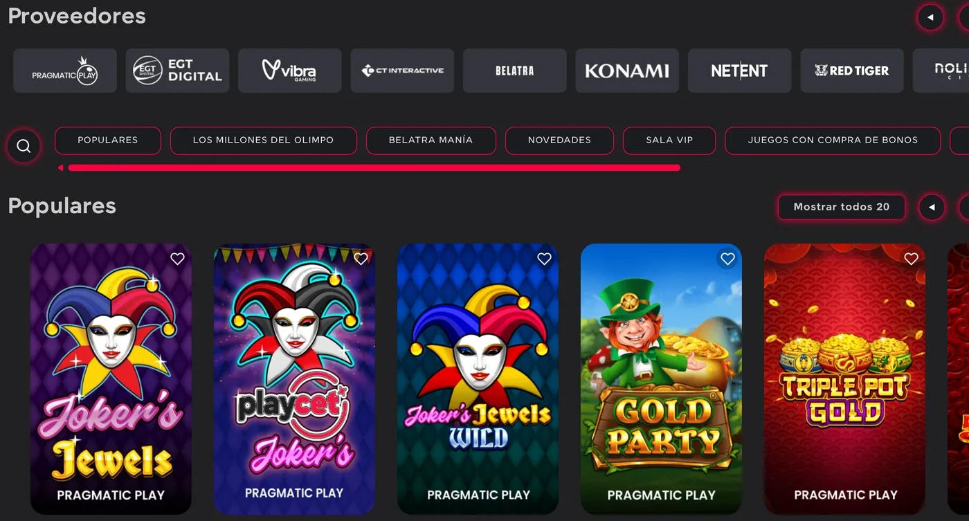 Proveedores y tragamonedas disponibles en Playcet