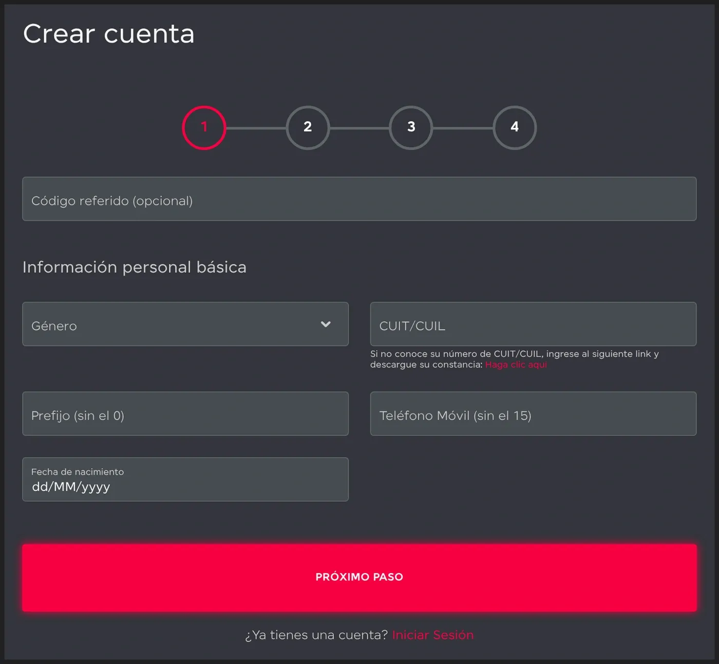 Primer paso del registro de Playcet