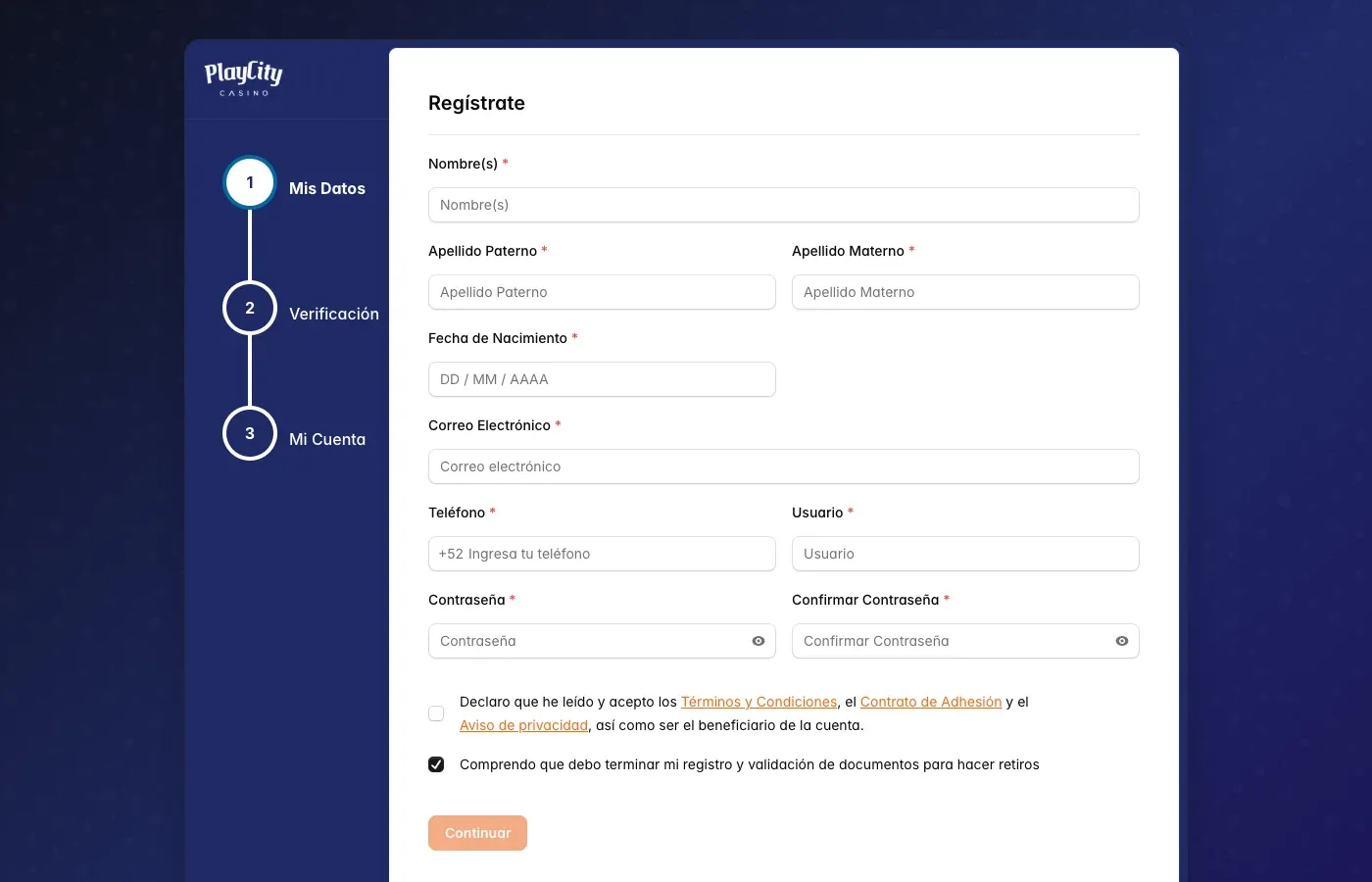 Formulario vacío de registro de PlayCity México