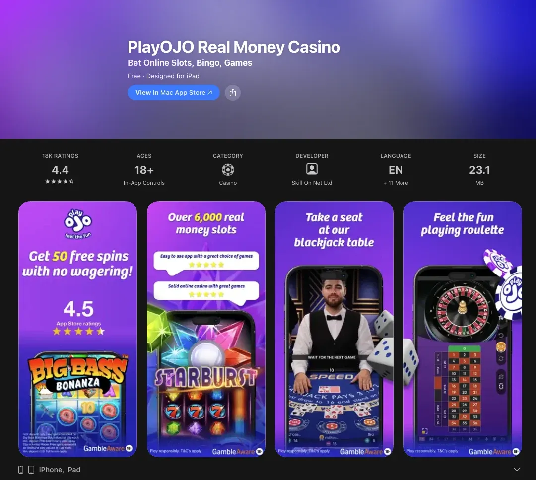 App Store listing for PlayOJO Real Money Casino by Skill On Net Ltd, rated 4.4, with slot, blackjack and roulette previews