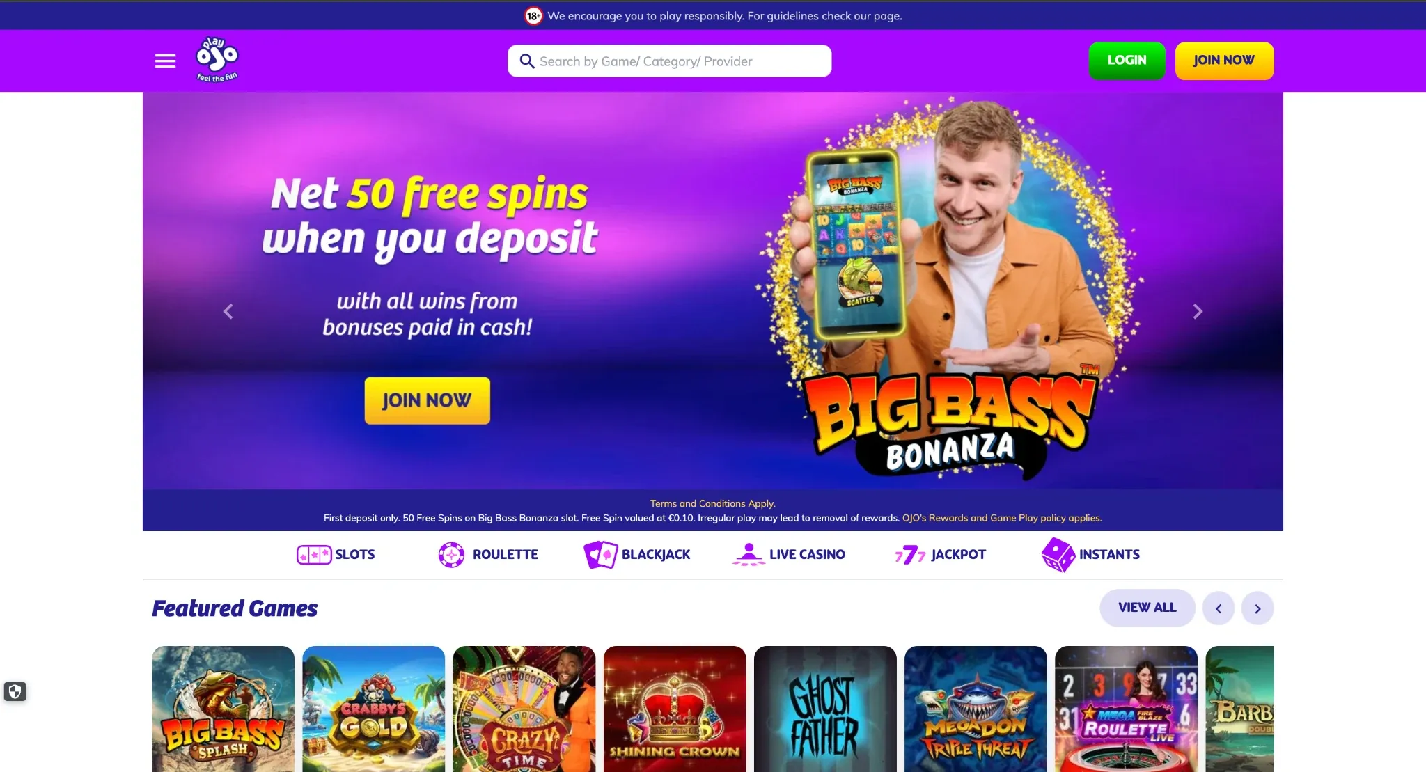 PlayOJO casino lobby and no-wager spins offer in Ireland