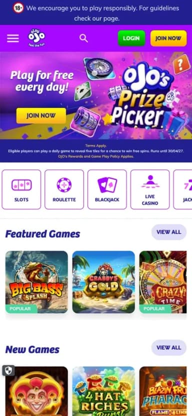 PlayOjo mobile site