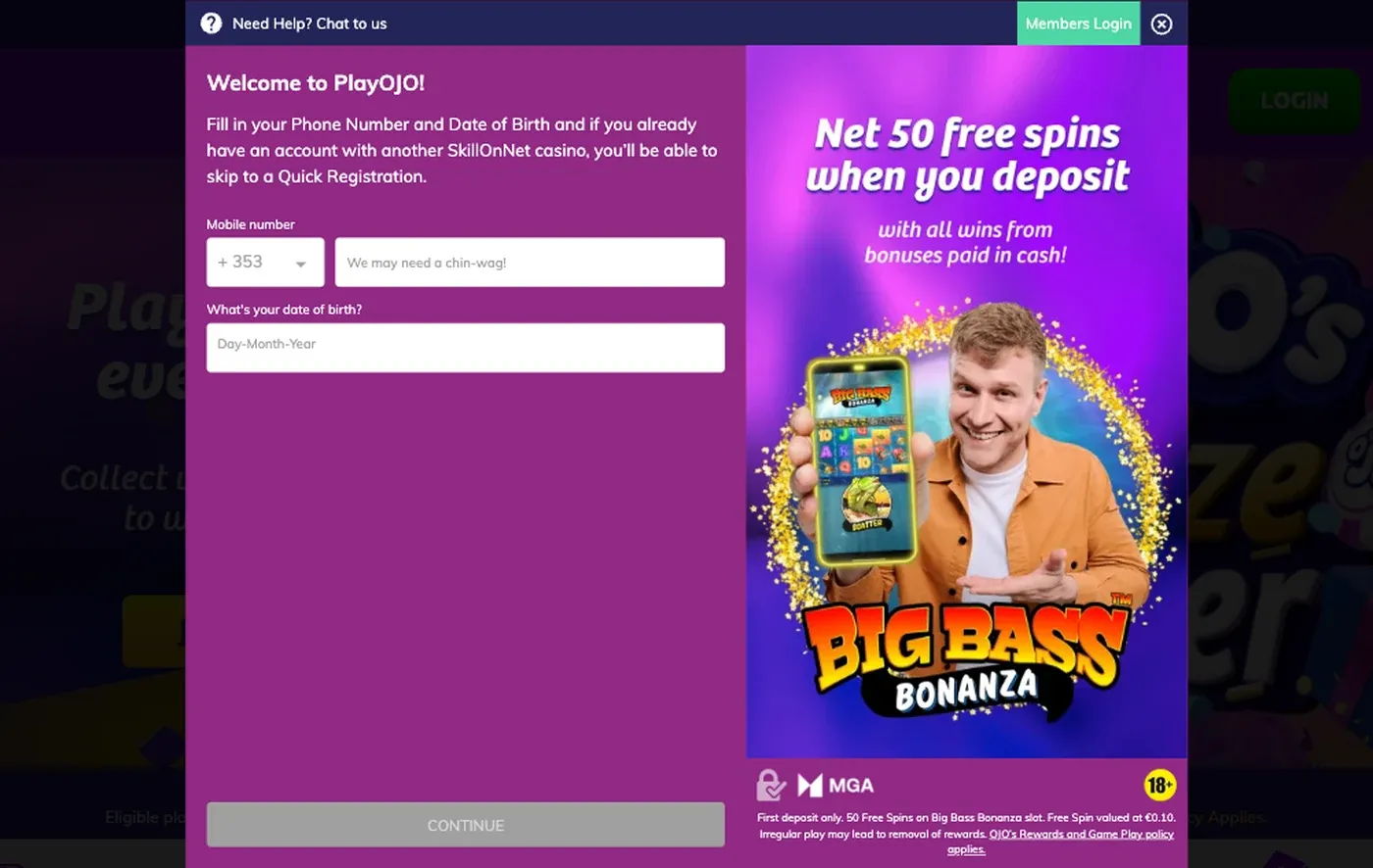 PlayOJO Ireland registration form asking for a mobile number and date of birth beside the 50 free spins welcome offer