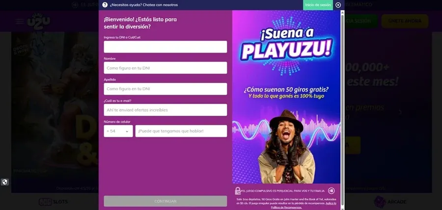 Formulario de registro de PlayUZU Argentina con campos de DNI y teléfono
