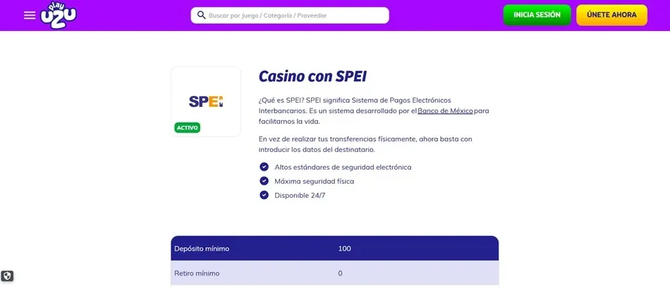 Página de depósitos por SPEI de PlayUZU México