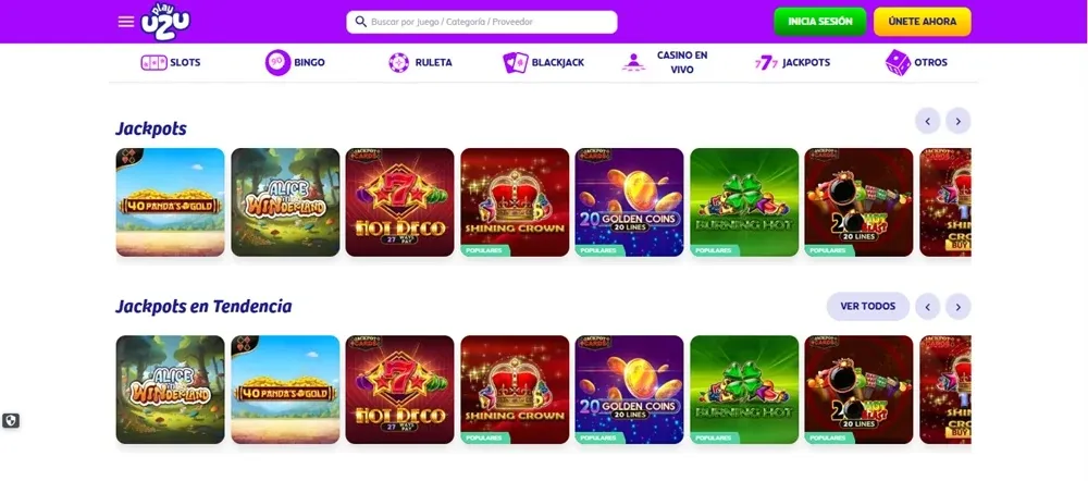 Sección de jackpots en PlayUZU México