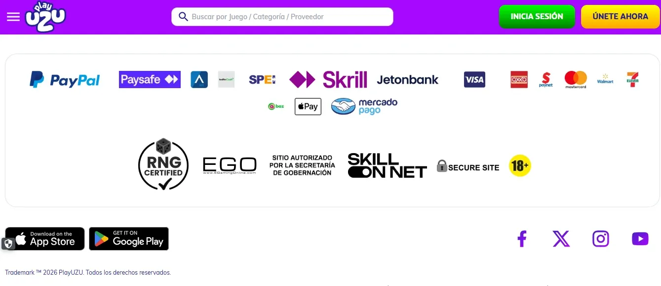 Información de seguridad y pagos de PlayUZU México