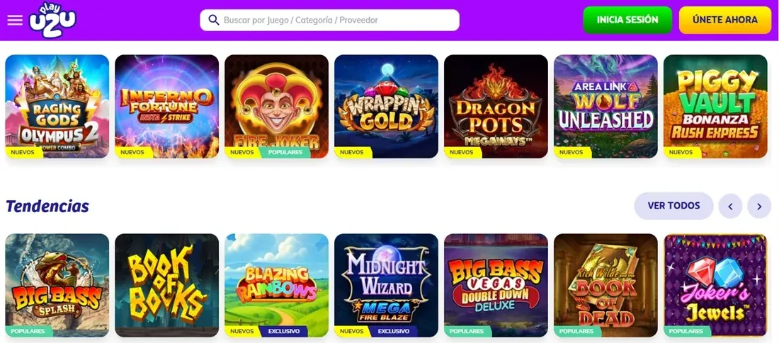 Buscador y selección de tragamonedas de PlayUZU México