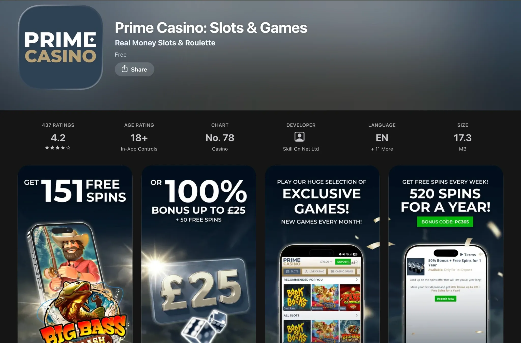 Prime Casino UK App Store listing and promotional screens